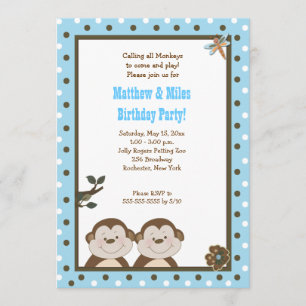 Invitación Mono Bambino de TWINS 5x7 Cumpleaños
