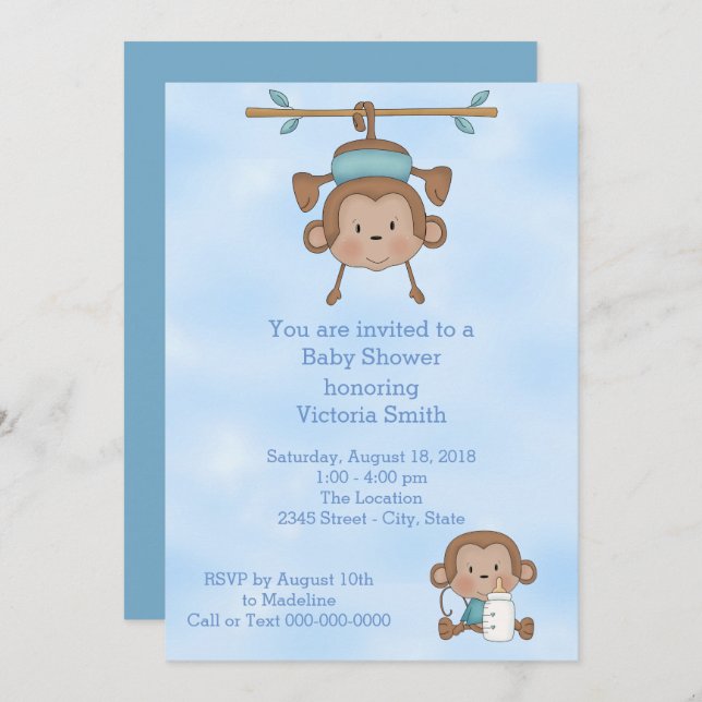 Invitación Mono de Baby Boy Baby Shower (Anverso / Reverso)