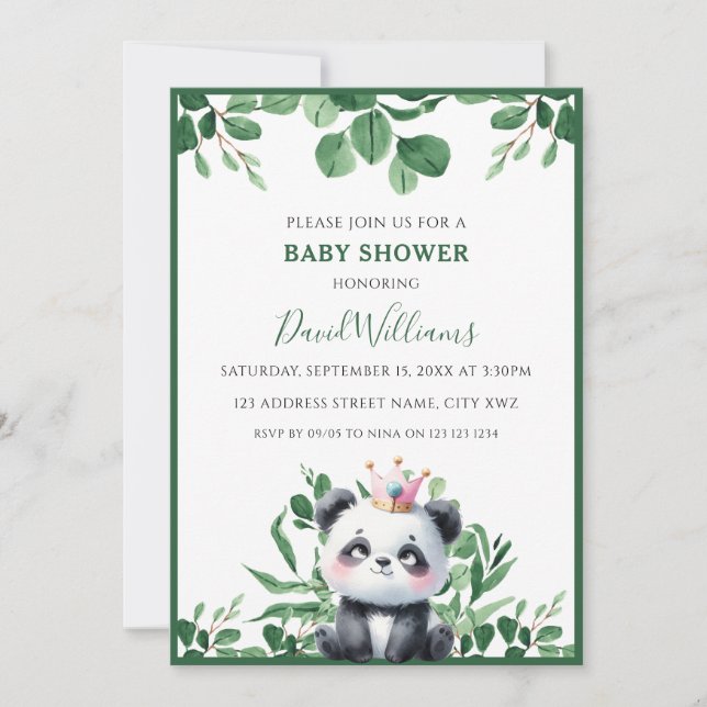 Invitación Mono de Bebé Panda Lindo con Vegetación Neutral (Anverso)