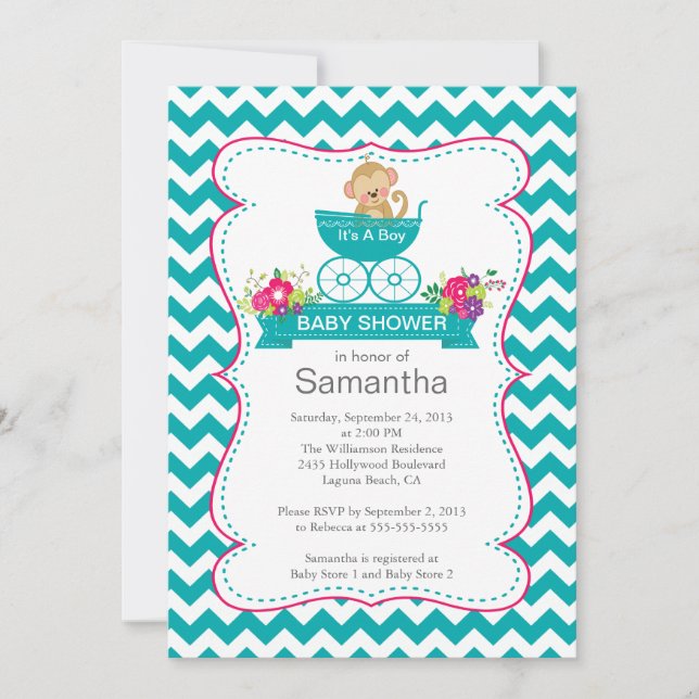 Invitación Mono De Chevron En Baby Shower De Niños De Porterí (Anverso)