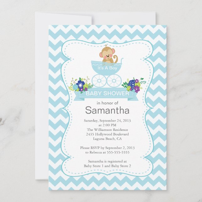 Invitación Mono De Chevron En Baby Shower De Niños De Porterí (Anverso)