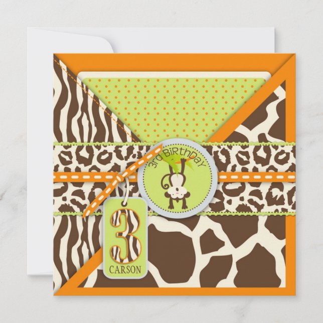 Invitación Mono de la selva Naranja tercer cumpleaños (Anverso)