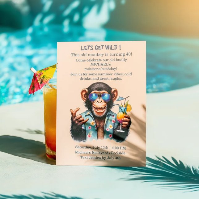 Invitación Mono de Verano Vamos a Enloquecer Cumpleaños 40 (Summer Monkey Let's Get Wild 40th Birthday Invitation)