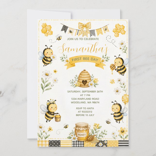 Invitación Mono Día de la Abeja Cumpleaños Cumple Daisy Flora (Anverso)