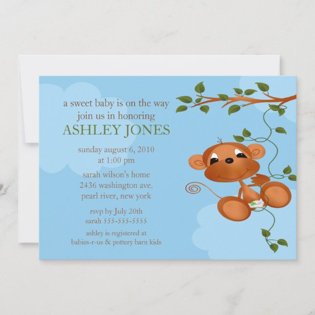 Invitación Mono dulce Baby Shower del bebé (Anverso)