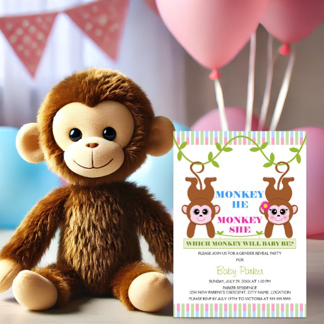 Invitación Mono El Mono Ella El Género Revela Fiesta (Cute monkey he and she gender reveal party invitation.)