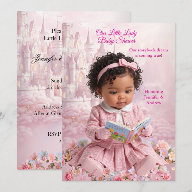 Invitación Mono étnico de libro de ducha de bebé de niña rosa (Anverso / Reverso)