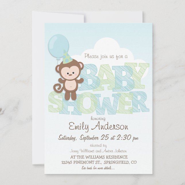 Invitación Mono lindo; Baby Shower azul y verde (Anverso)
