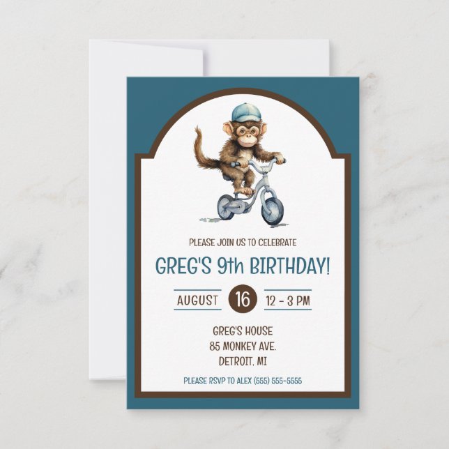 Invitación Mono lindo en fiesta de cumpleaños de bicicleta (Anverso)