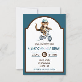 Invitación Mono lindo en fiesta de cumpleaños de bicicleta