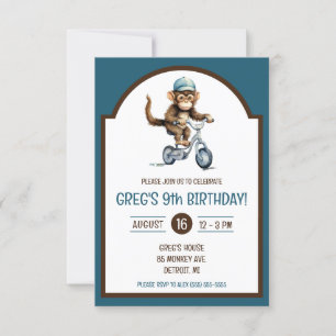 Invitación Mono lindo en fiesta de cumpleaños de bicicleta