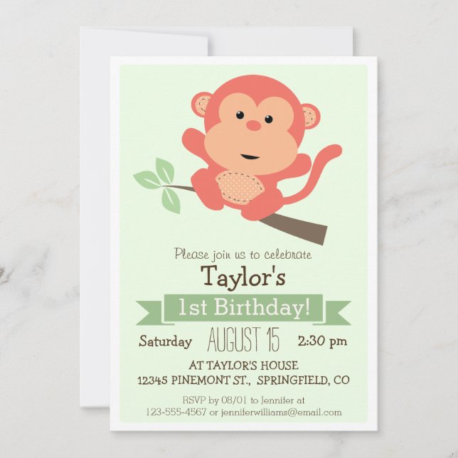 Invitación Mono lindo, fiesta de cumpleaños de un animal en l (Anverso)