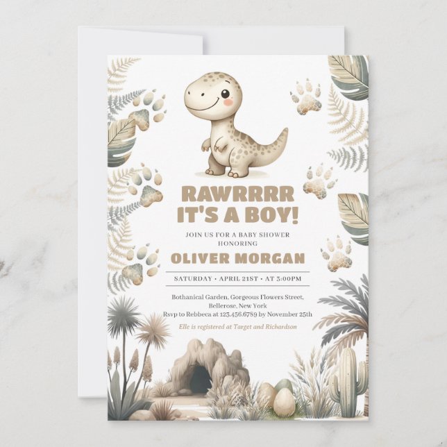 Invitación Mono neutro de género lindo bebé dinosaurio prehis (Anverso)