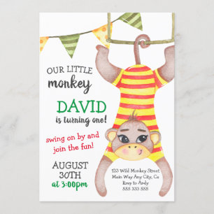 Invitación Mono niño primer cumpleaños salvaje un mono circo