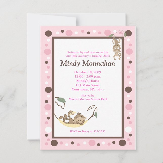 Invitación Mono Pink Brown Girly Trendy Cumpleaños 4.25 x 5.5 (Anverso)