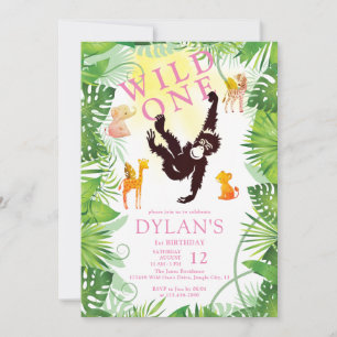 Invitación Mono rosa salvaje una jungla Chica Safari primer c
