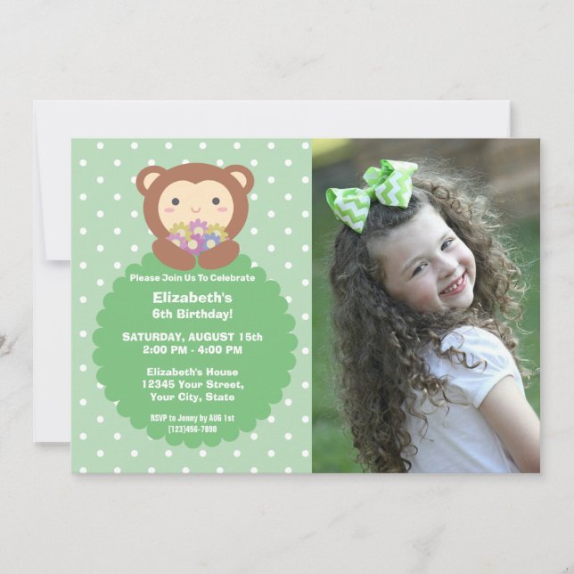 Invitación Mono super lindo y flores niños foto de cumpleaños (Anverso)