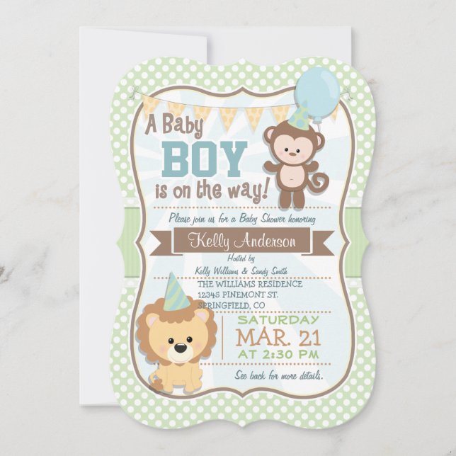 Invitación Mono y león bebé, invitado de Baby Shower de Paste (Anverso)