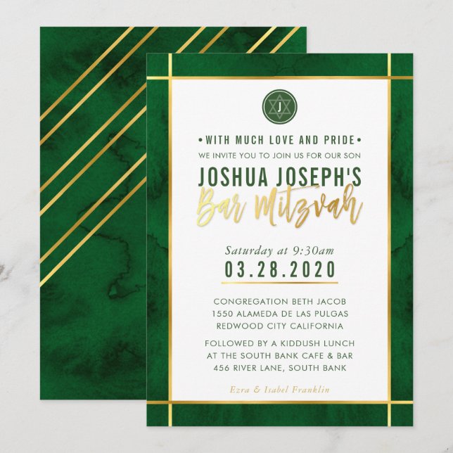 Invitación MONOGRAM BAR MITZVAH forrest banda de oro verde (Anverso / Reverso)