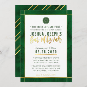 Invitación MONOGRAM BAR MITZVAH forrest banda de oro verde