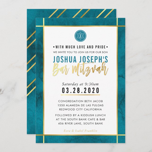 Invitación MONOGRAM BAR MITZVAH verde azulada banda dorada az (Anverso / Reverso)