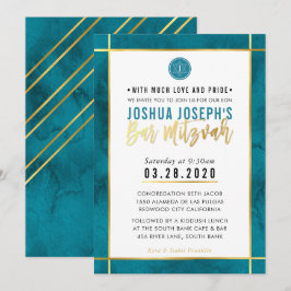 Invitación MONOGRAM BAR MITZVAH verde azulada banda dorada az