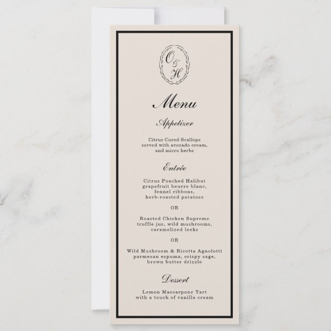 Invitación Monogram Classic Wedding Classic Long Menu Card (Anverso)