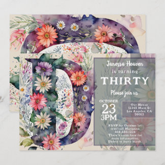 Invitación Monogram D Colorful Watercolor Flowers Birthday