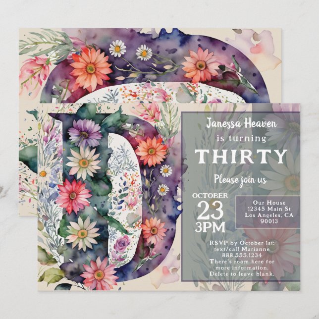 Invitación Monogram D Colorful Watercolor Flowers Birthday  (Anverso / Reverso)
