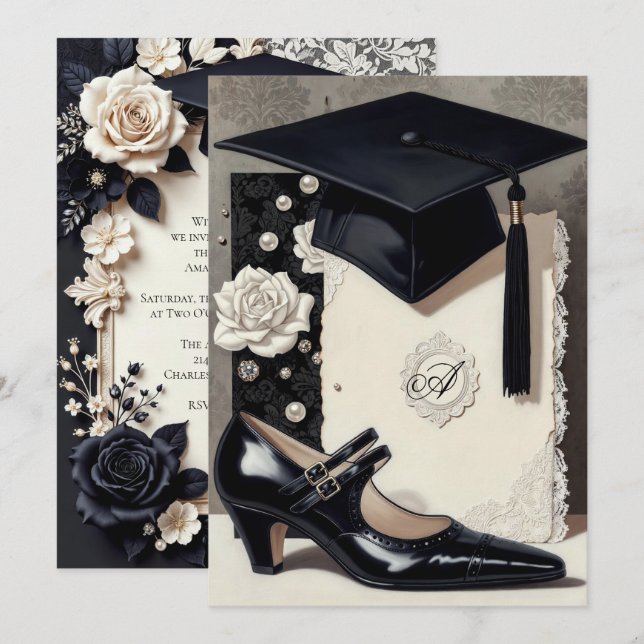Invitación Monogram Elegant Black White Graduation Invitation (Anverso / Reverso)