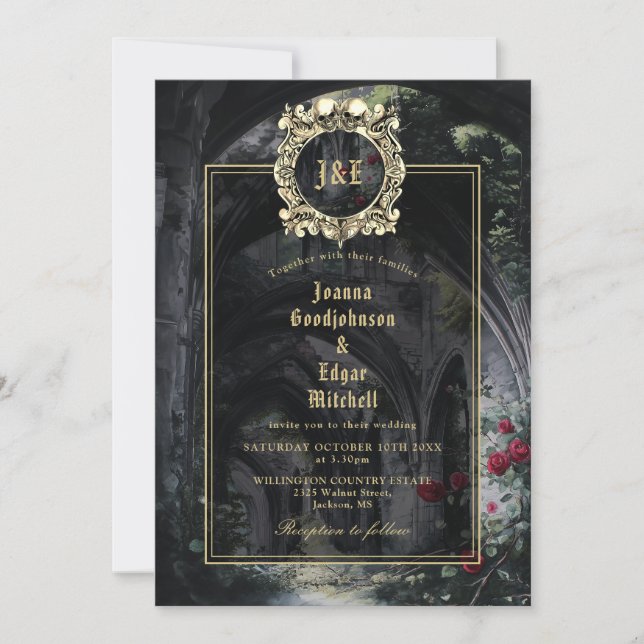 Invitación Monogram Gothic Ruins Roses Floral Wedding (Anverso)