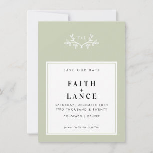 Invitación MONOGRAM GUARDAR LA FECHA simple tierna sage verde