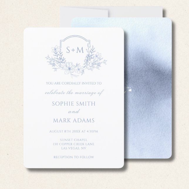 Invitación Monogram Initial Crest Dusty Blue Floral Wedding (Subido por el creador)