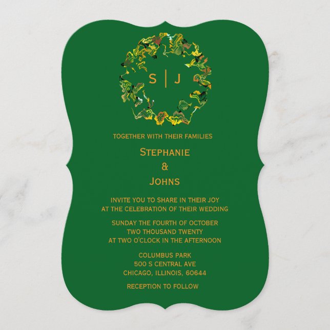 Invitación Monogram Leaf Crest Orange Forest Green Wedding (Anverso)
