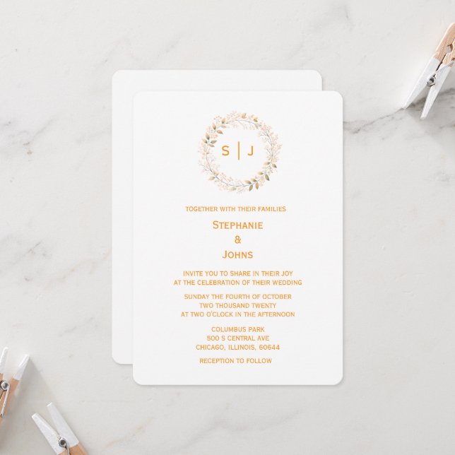 Invitación Monogram Leaf Crest Orange White Classy Wedding (Anverso/Reverso In Situ)