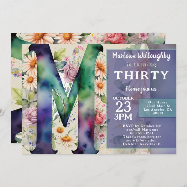Invitación Monogram M Colorful Watercolor Flowers Birthday  (Anverso / Reverso)