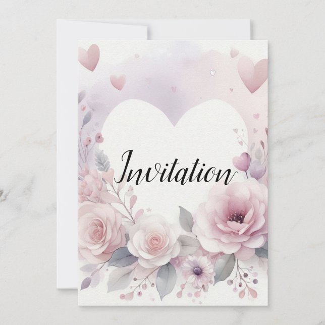 Invitación Monogram name floral hearts romantic watercolor  (Anverso)