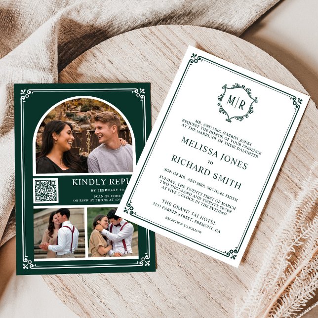 Invitación Monogram QR Code Photo Collage Emerald Wedding (Subido por el creador)