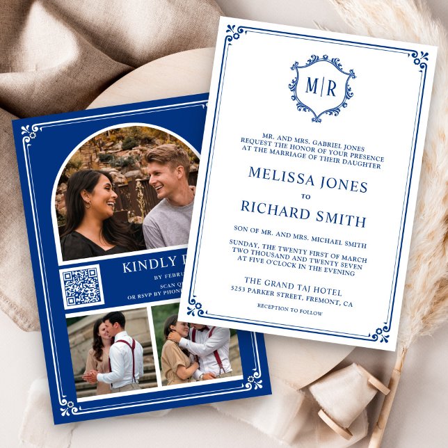 Invitación Monogram QR Code Photo Collage Royal Blue Wedding (Subido por el creador)