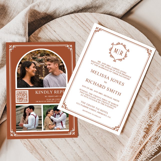 Invitación Monogram QR Code Photo Collage Terracotta Wedding (Subido por el creador)