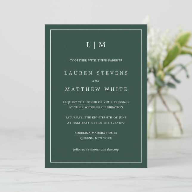 Invitación Monogram Simple Forest Green Wedding (Anverso de pie)
