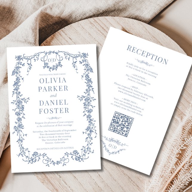Invitación Monogram Victorian Dusty Blue All in One Wedding (Subido por el creador)