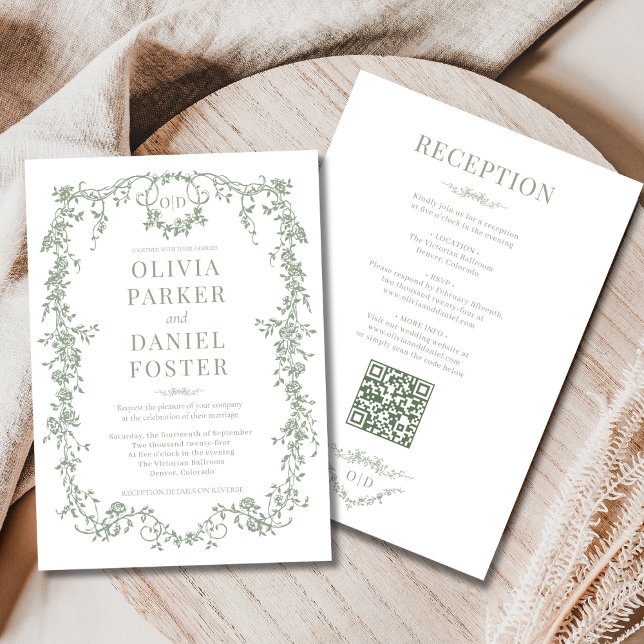 Invitación Monogram Victorian Sage Green All in One Wedding (Subido por el creador)
