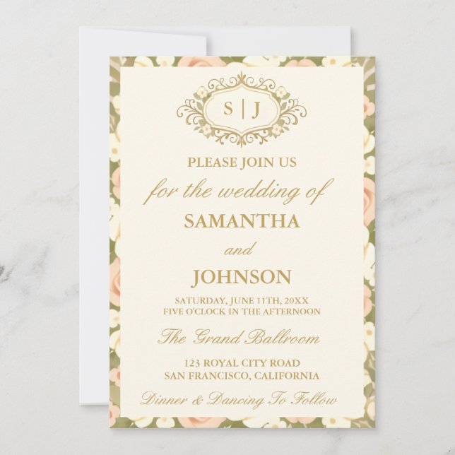 Invitación Monogram Vintage Ivory Wedding Invitation (Anverso)