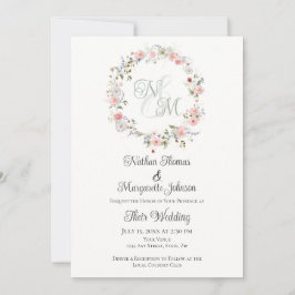 Invitación Monogram Watercolor Floral Wreath Wedding
