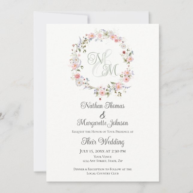Invitación Monogram Watercolor Floral Wreath Wedding (Anverso)