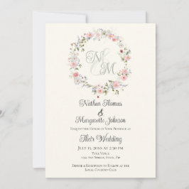 Invitación Monogram Watercolor Floral Wreath Wedding