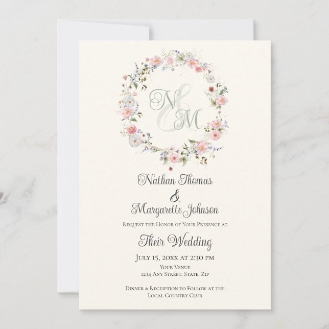 Invitación Monogram Watercolor Floral Wreath Wedding (Anverso)