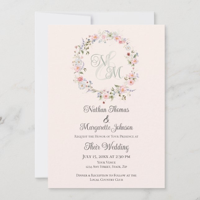 Invitación Monogram Watercolor Floral Wreath Wedding (Anverso)