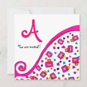 Invitación MONOGRAMA ABSTRACTA CUADRADA DECO ROSA FUCsia BLAN